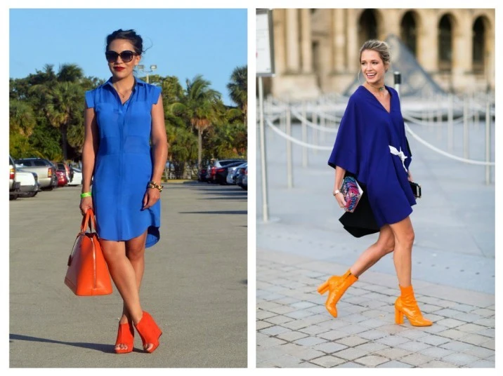 Bright Orange Shoes with navy blue dress