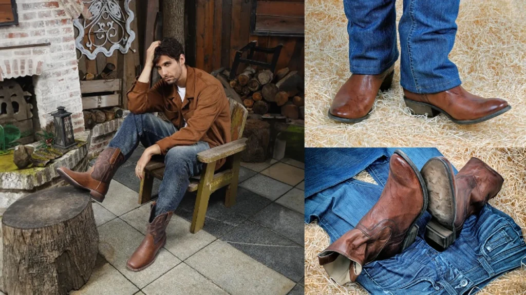 Three combined pictures of Classic Denim and Cowboy Boots