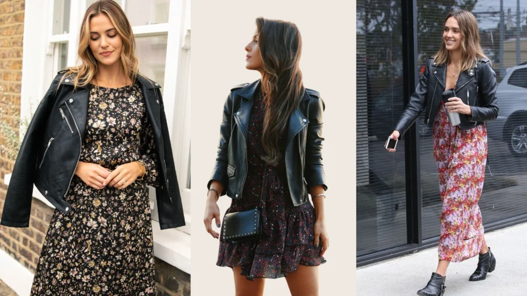 Three girls wearing Floral Dress and Leather Jacket