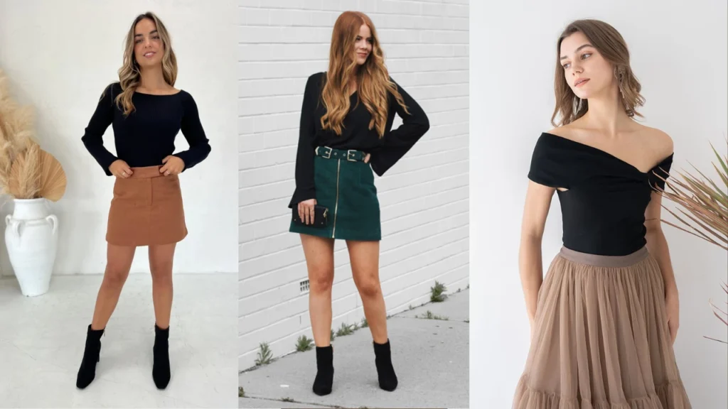 Three girls wearing Suede Skirt and Off-Shoulder Top