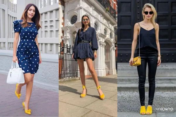 three pictures merged togather showing women wearing Yellow Shoes with navy blue dresses