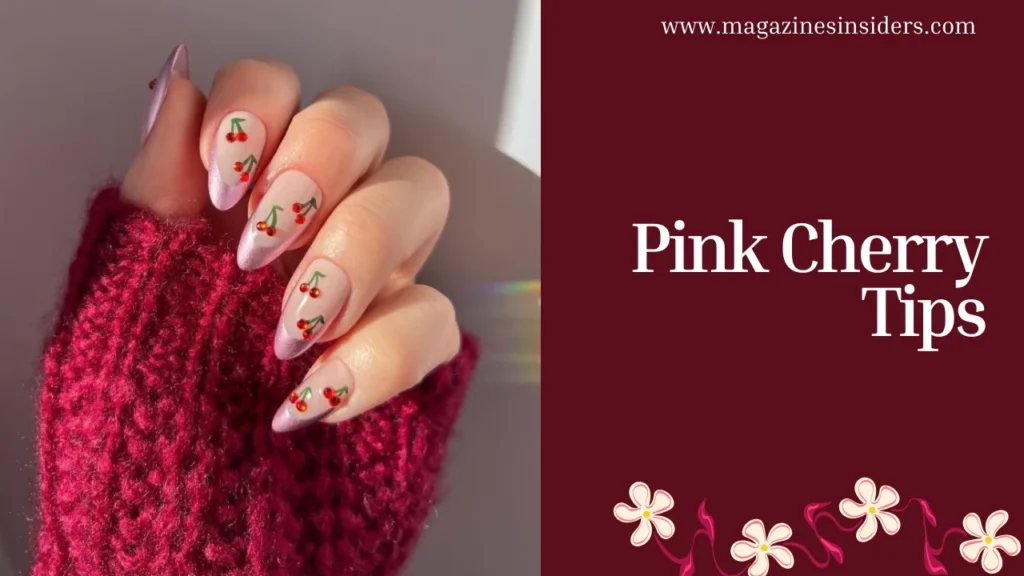 Pink Cherry Tips Nails Design 