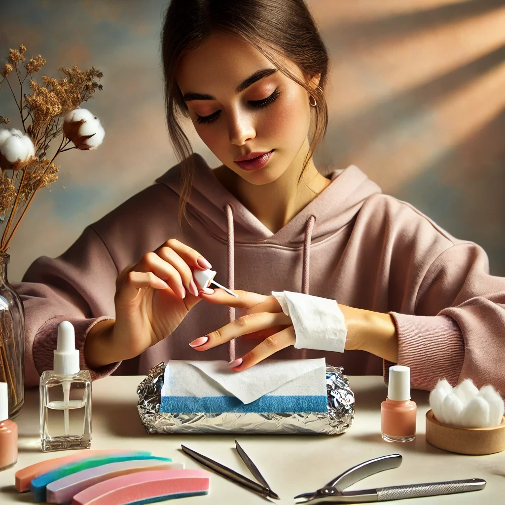 a girl Removing Shellac Nail Polish at Home